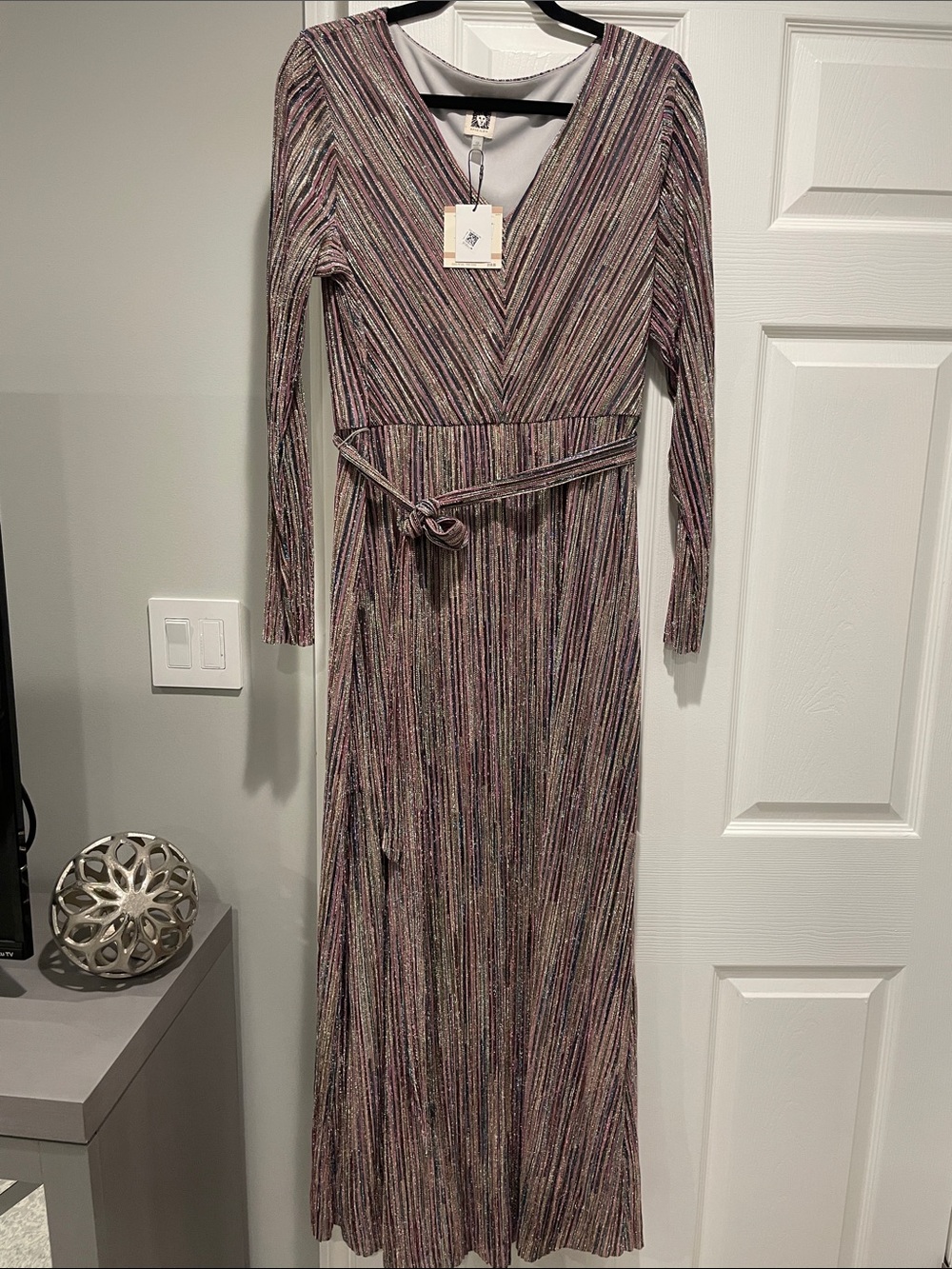 Anne Klein Long Sleeve Metallic Stripe Wrap Maxi Dress - Pink Multi